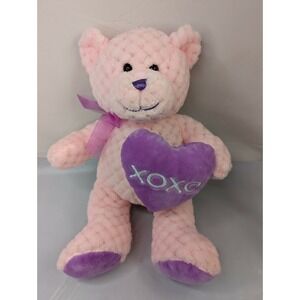 HugFun Pink Bear Plush Quilted Purple Feet XOXO Heart 13" Stuffed Animal Toy
